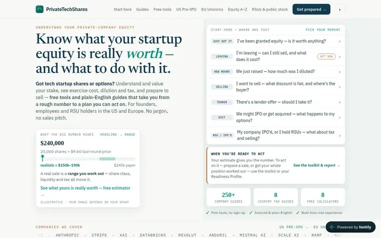 Screenshot of the PrivateTechShares homepage