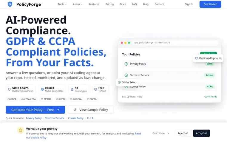 Screenshot of the PolicyForge homepage