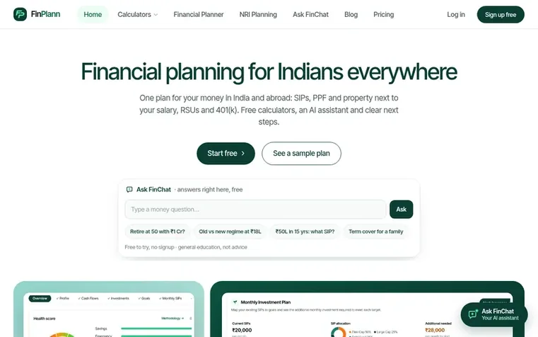 Screenshot of the FinPlann homepage
