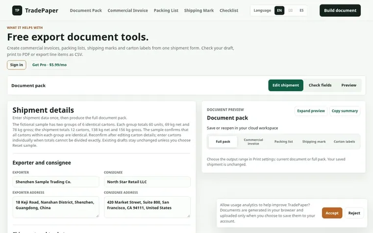 Screenshot of the TradePaper Tools homepage