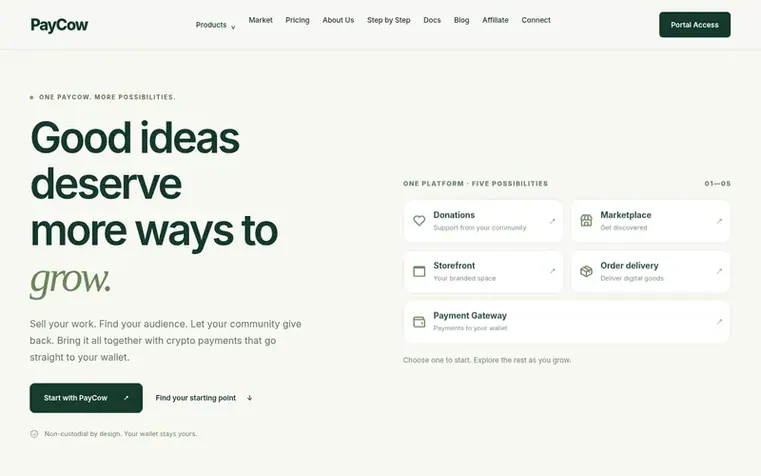 Screenshot of the PayCow homepage