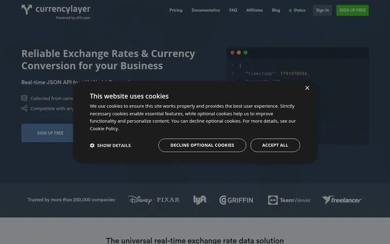Screenshot of the Currencylayer homepage