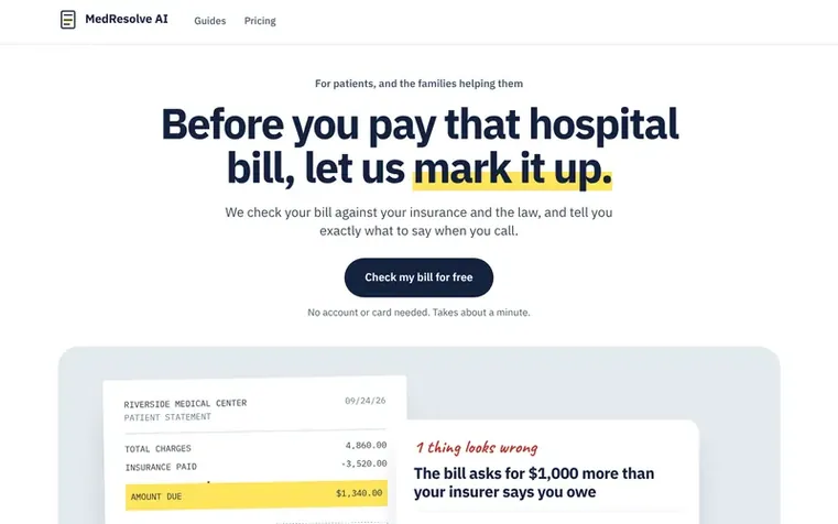 Screenshot of the MedResolve AI homepage