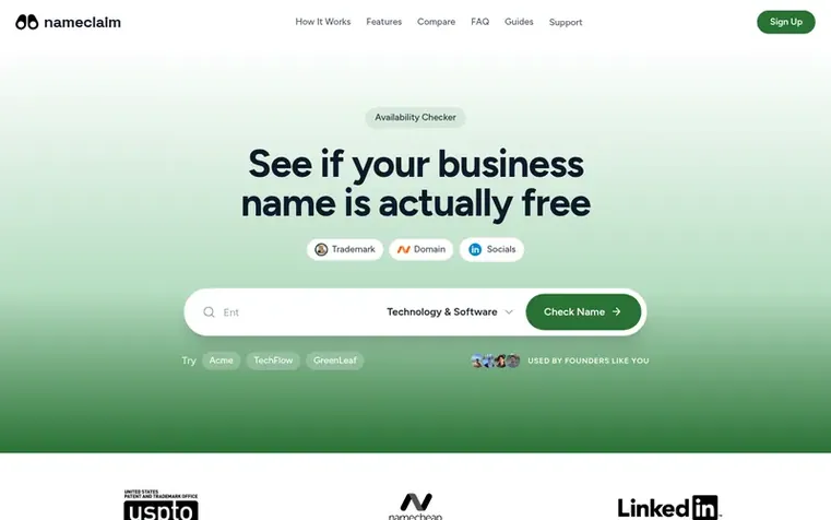 Screenshot of the NameClaim homepage