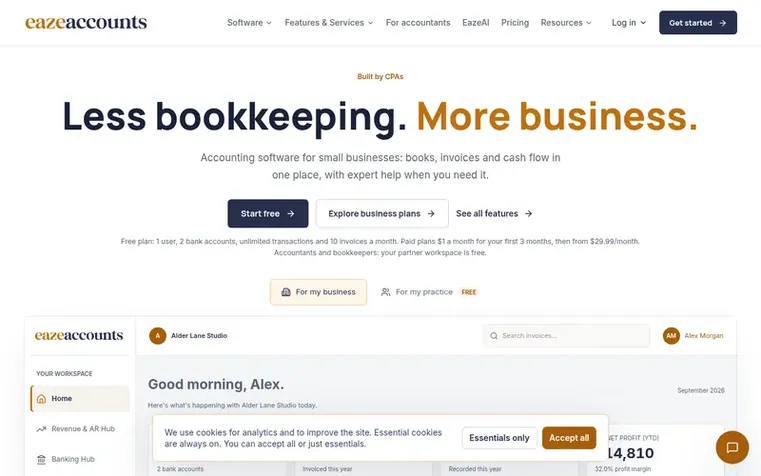 Screenshot of the EazeAccounts homepage