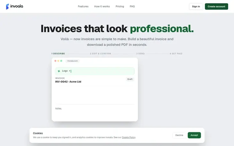Screenshot of the Invoala homepage