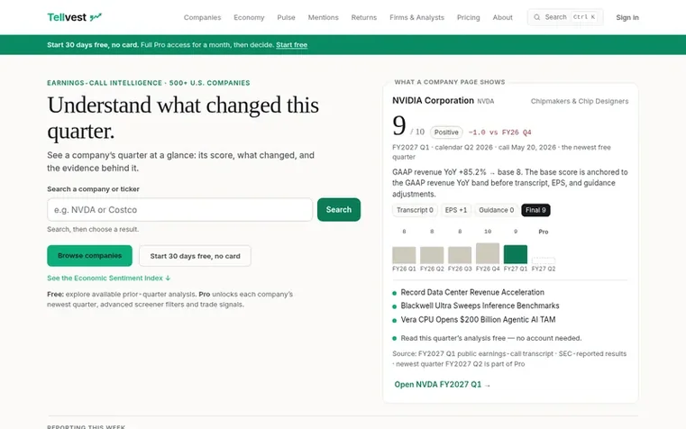 Screenshot of the Tellvest homepage