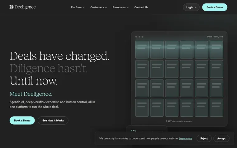 Screenshot of the Deeligence homepage