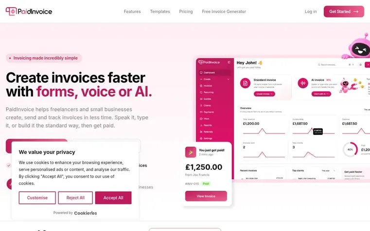 Screenshot of the PaidInvoice homepage
