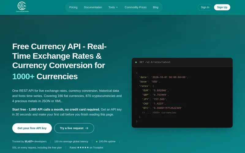Screenshot of the CurrencyFreaks homepage