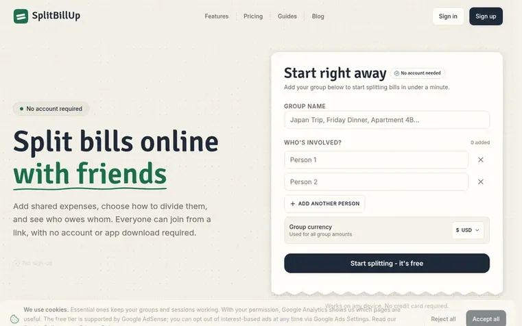 Screenshot of the Splitbillup homepage