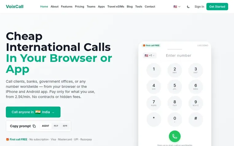 Screenshot of the VoixCall homepage