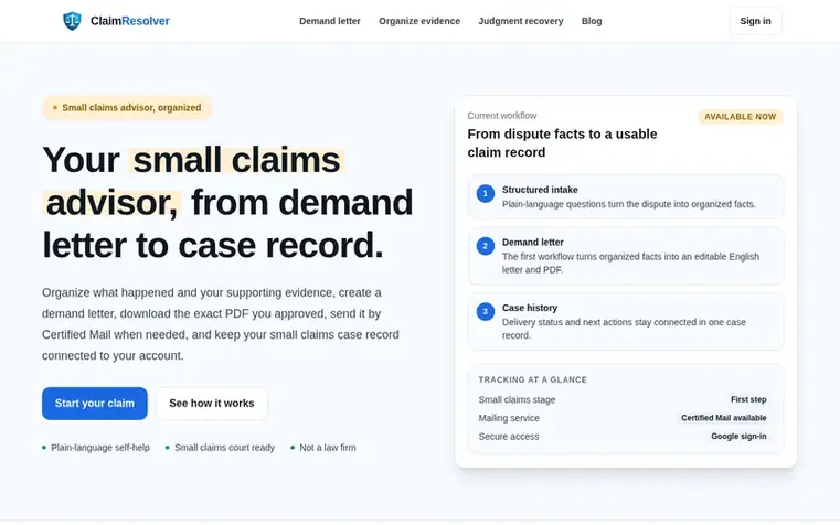 Screenshot of the ClaimResolver homepage