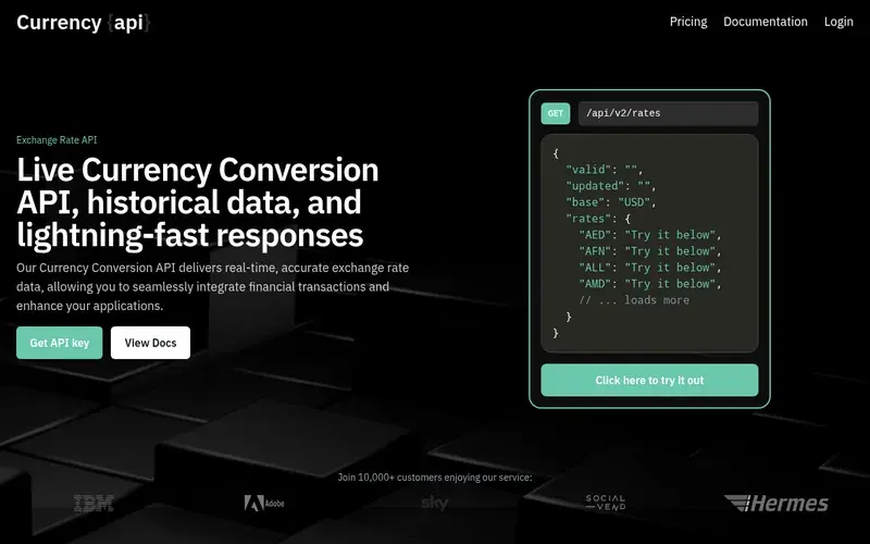 Screenshot of the Currency API homepage
