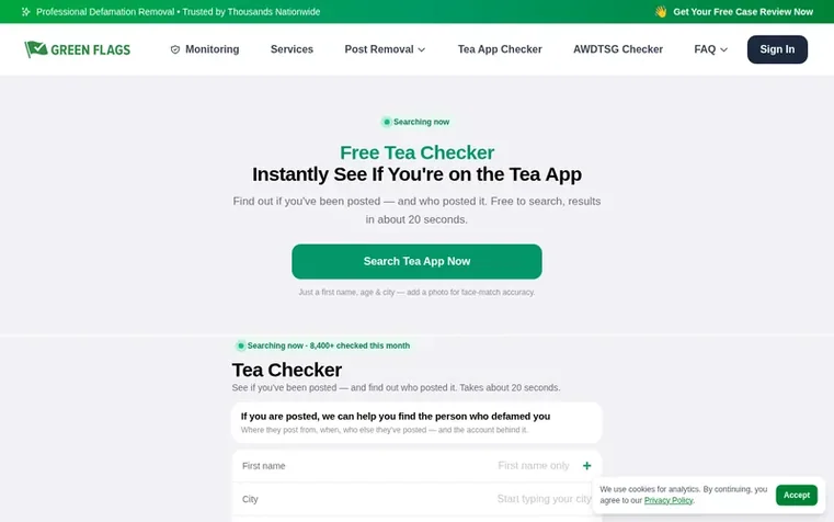 Screenshot of the Tea App Green Flags homepage
