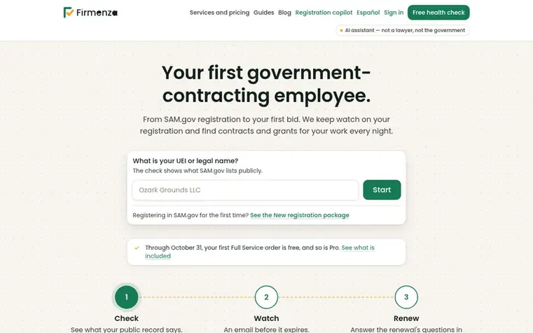 Screenshot of the Firmenza homepage