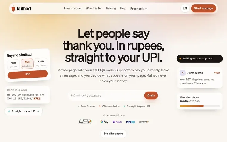 Screenshot of the Kulhad homepage