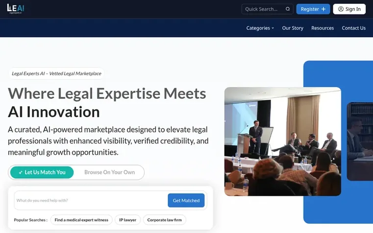 Screenshot of the Legal Experts AI homepage