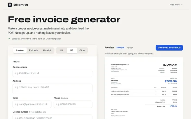 Screenshot of the Billsmith homepage