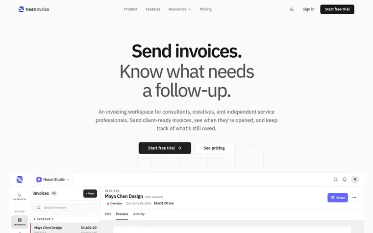 Screenshot of the NeatInvoice homepage