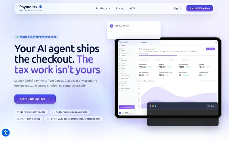 Screenshot of the Payments AI MoR homepage
