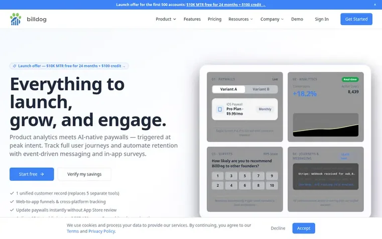 Screenshot of the BillDog homepage