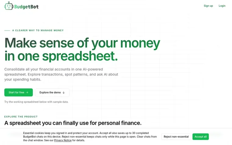 Screenshot of the BudgetBot homepage