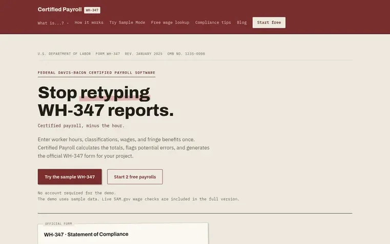 Screenshot of the Certified Payroll homepage