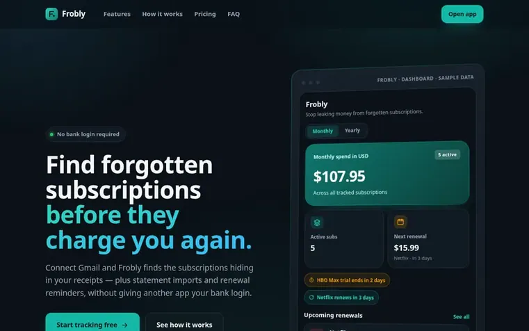 Screenshot of the Frobly homepage
