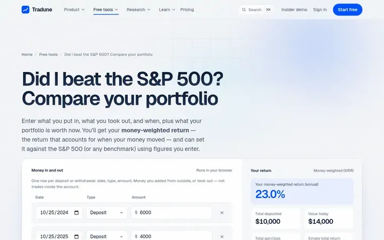 Screenshot of the Tradune homepage
