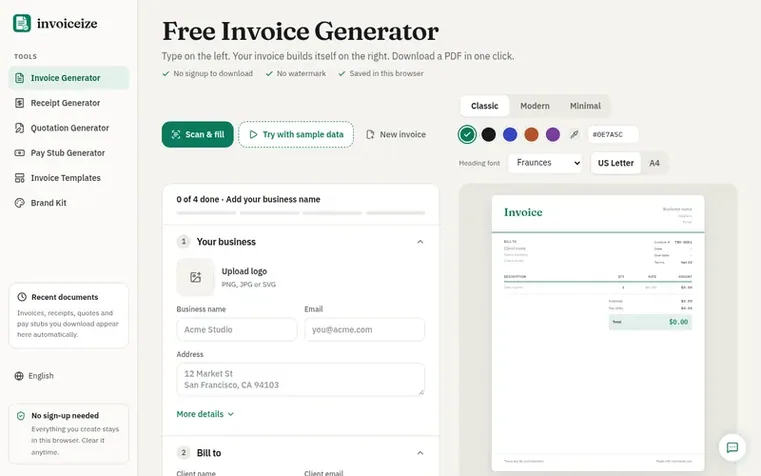 Screenshot of the Invoiceize homepage