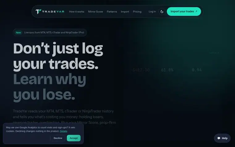 Screenshot of the TradeYar homepage
