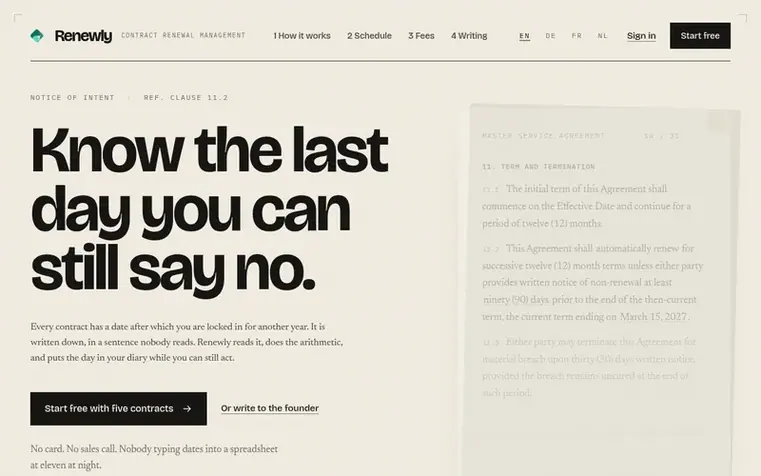 Screenshot of the Renewly homepage