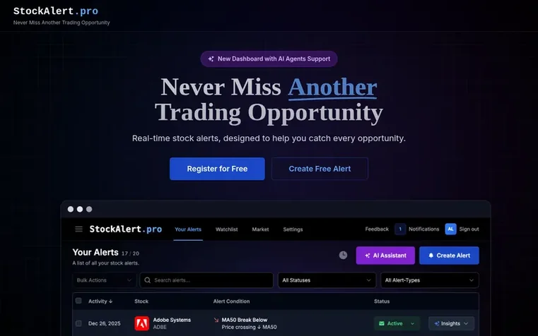 Screenshot of the StockAlert.pro homepage