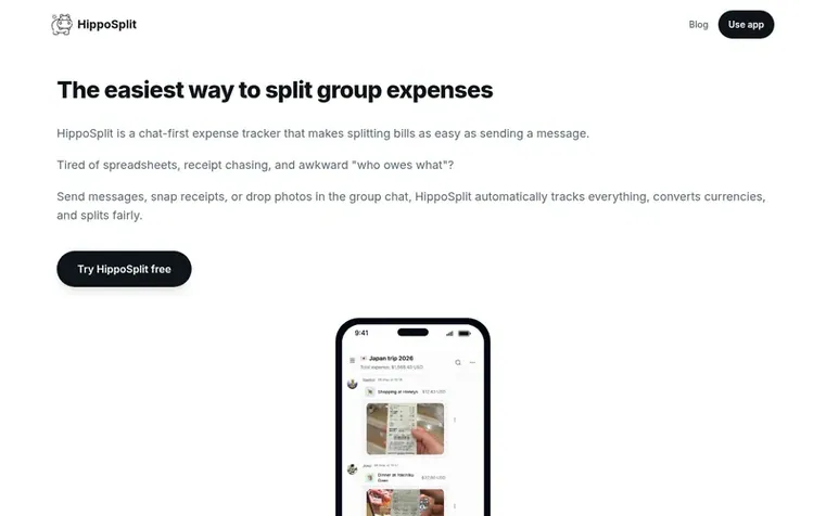 Screenshot of the HippoSplit homepage