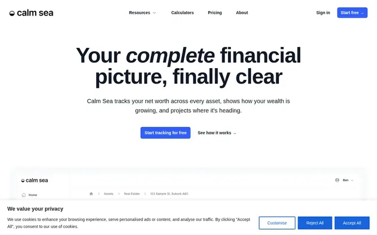 Screenshot of the Calm Sea homepage