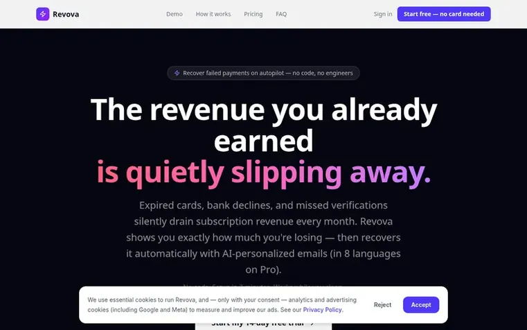 Screenshot of the Revova homepage