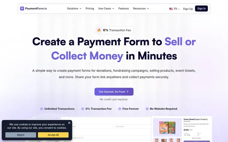Screenshot of the PaymentForm.io homepage