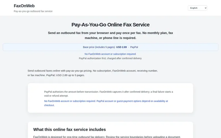 Screenshot of the FaxOnWeb homepage