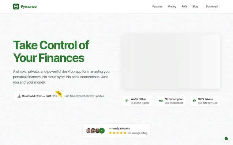 Screenshot of the Fyenance homepage